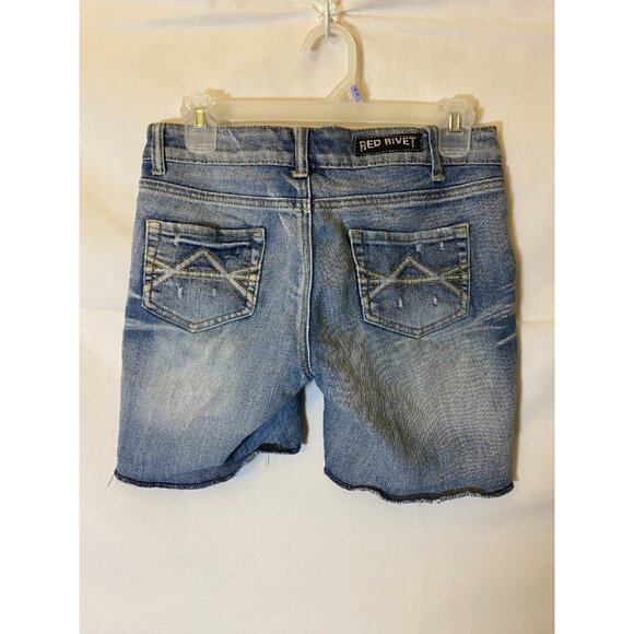 RED RIVET WOMENS JUNIORS SIZE 7 DENIM JEAN SHORTS DISTRESSED STRETCH Medium M - Picture 2 of 2
